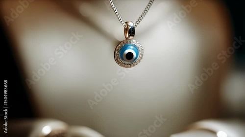 Elegant pendant with blue evil eye and simulated diamond halo on a shiny silver chain, good luck charm jewelry, luxury design.