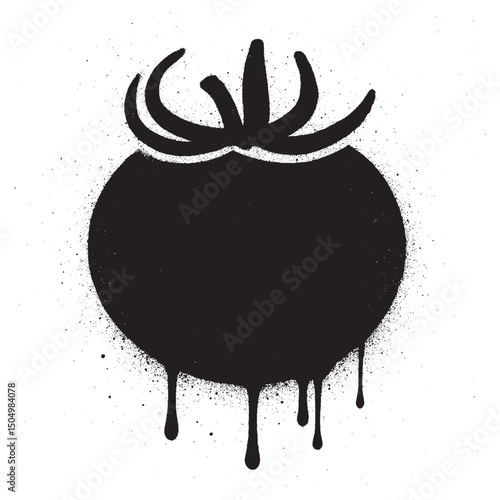 Artistic black stencil graffiti of a tomato silhouette with dripping paint effect on white background. Perfect for urban art, street culture, food design, or contemporary graphic themes.