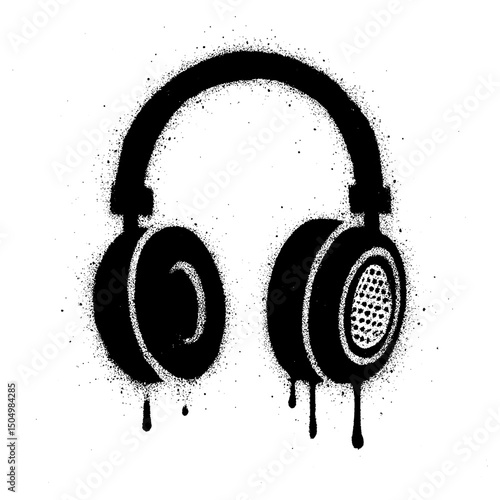Black and white graffiti style illustration of headphones created with spray paint and stencil technique.