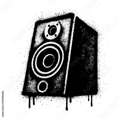 Graffiti style black and white illustration of a loudspeaker with dripping spray paint effects.
