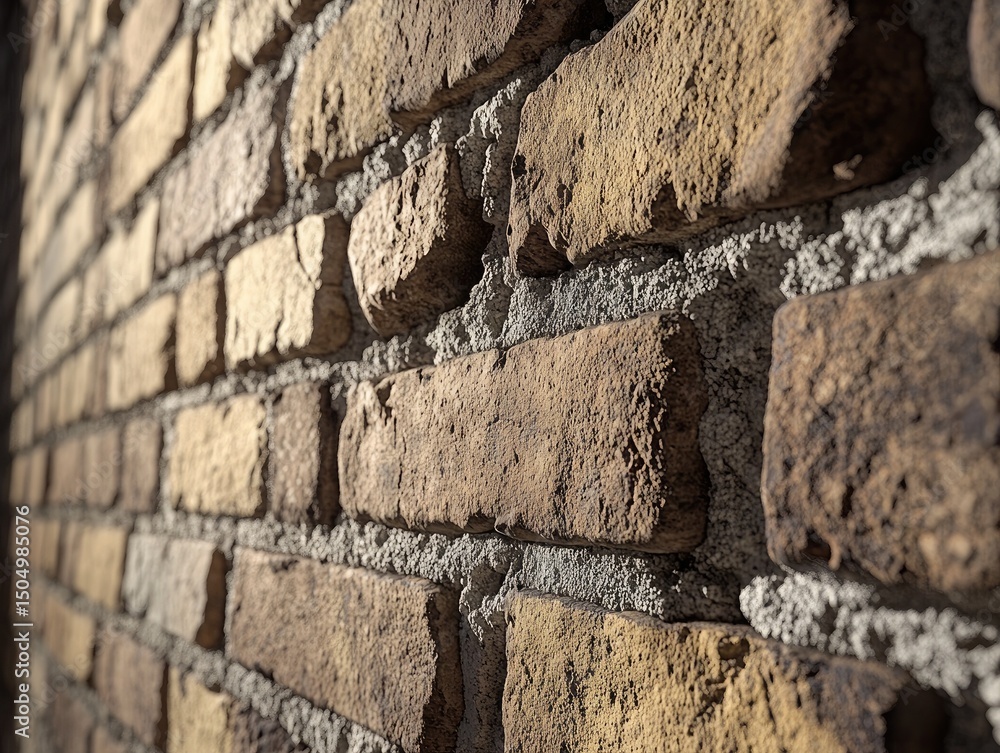 Fototapeta premium A close-up of a weathered brick wall, the deep textures of the mortar and individual bricks creating a rustic feel. The suna??s rays cast soft shadows, accentuating the rough surfaces.