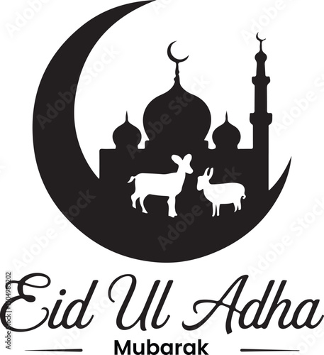 Eid ul Adha Mubarak with Mosque and Animals in Crescent Moon Silhouette