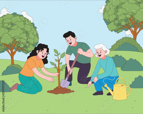 People of different ages planting a tree in a green park for World Environment Day. Flat cartoon illustration to represent environmental care, sustainability, and community togetherness.