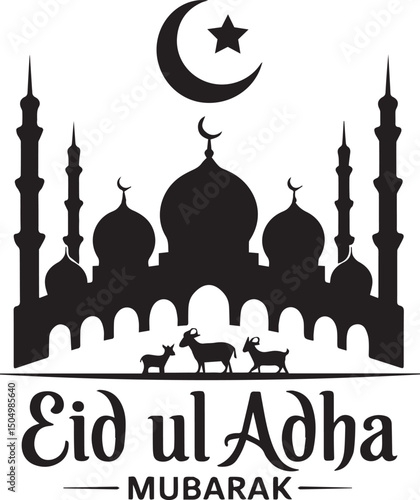 Eid ul Adha Mubarak with Mosque and Animals in Crescent Moon Silhouette