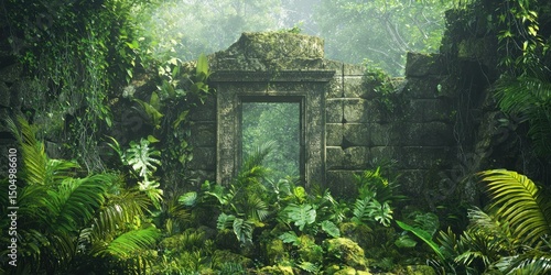 Fototapeta Naklejka Na Ścianę i Meble -  A serene jungle scene with ancient ruins partially buried in greenery