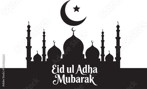 Eid ul Adha Mubarak with Mosque and Animals in Crescent Moon Silhouette