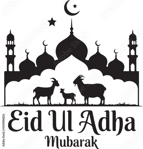 Eid Ul Adha Mubarak with Mosque and Animals Silhouette in Crescent Moon