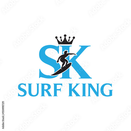 Bold Surf King logo featuring a crown-topped surfboard or wave design, ideal for surf brands, beachwear companies, and coastal adventure services symbolizing mastery, thrill, and ocean lifestyle.
