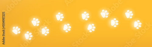 Paw cat print glowing light style on yellow background. Vector illustration.
