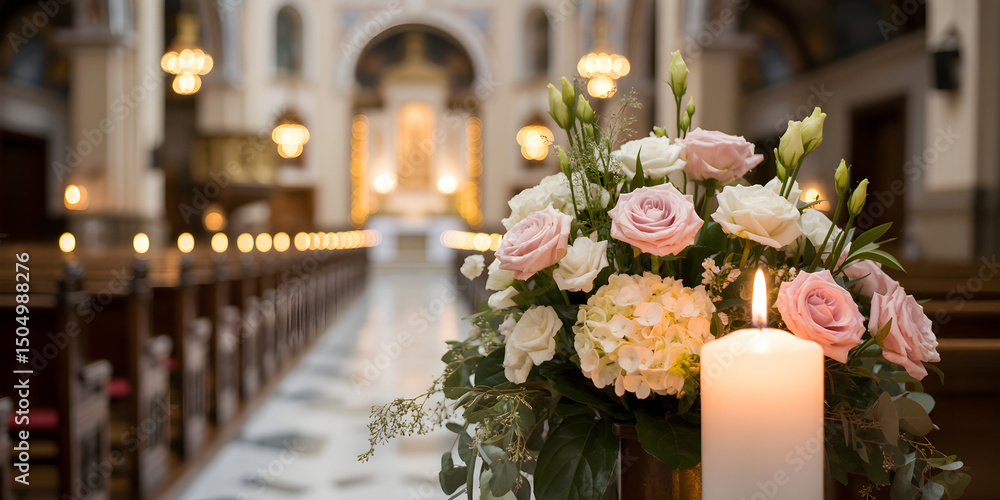 Obraz premium Romantic Church Wedding Scene with Floral Arrangement and Candlelight