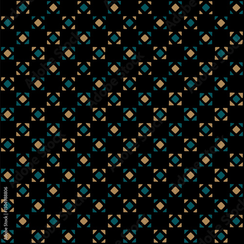 folk decorative art. blue, gold hand drawn squares and triangles. black repetitive background. vector seamless pattern. geometric fabric swatch. wrapping paper. design template for textile, linen, dec