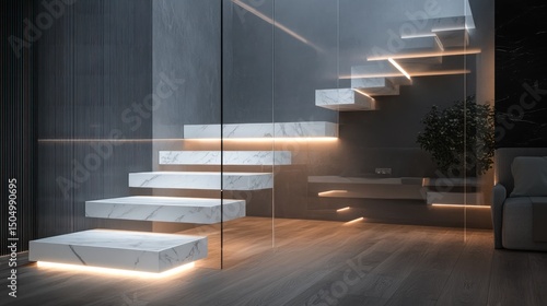 A luxurious L-shaped floating staircase made of white marble, glowing with RGB neon strip lighting under each step, and enclosed by sleek tempered glass balustrades. Set within a minimalist bedroom  