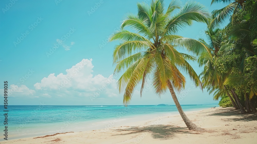Fototapeta premium Tropical beach with palm trees and clear blue ocean on sunny day