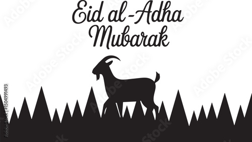 Eid Al-Adha Mubarak with Goat Silhouette on Grassy Landscape