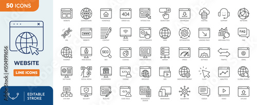 Website line editable icon set. Contain icons related to Containing web design, internet, content, SEO, hosting,  blog, homepage, e-commerce, and more. Editable stroke. Vector illustration