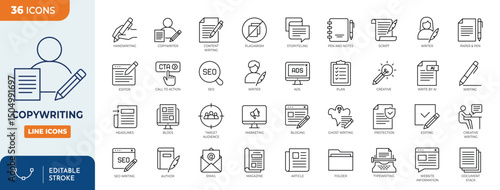 Copywriting line editable icon set. Contain icons related to copywriter, article, content writing, blog, author, storytelling, advertising, marketing, and more. Editable stroke. Vector illustration