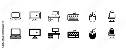 Computer equipment icon set in black and white