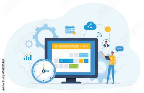 Flat vector illustration design Business planning concept and Business people team working with digital online calendar. online work schedule app connect concept
