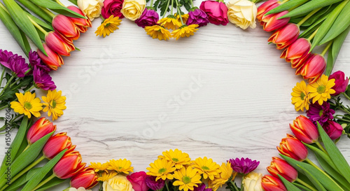 Spring Floral Frame with Tulips and Daisies on Wood Background - Copy Space