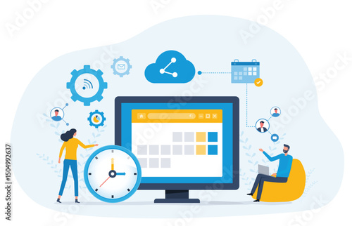 Flat vector illustration design Business planning concept and Business people team working with digital online calendar. online work schedule app connect concept