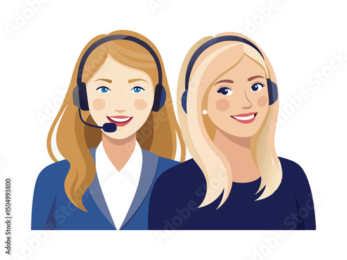 Two smiling women customer service agents isolated on white background
