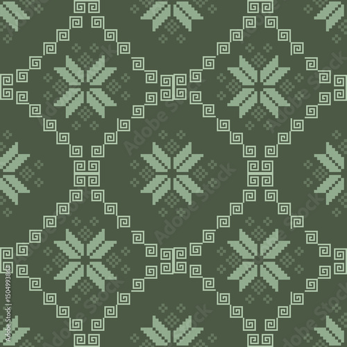 Traditional Ukrainian cross-stitch Detailed vector Illustration for textile printing design, on pixels green colors tones