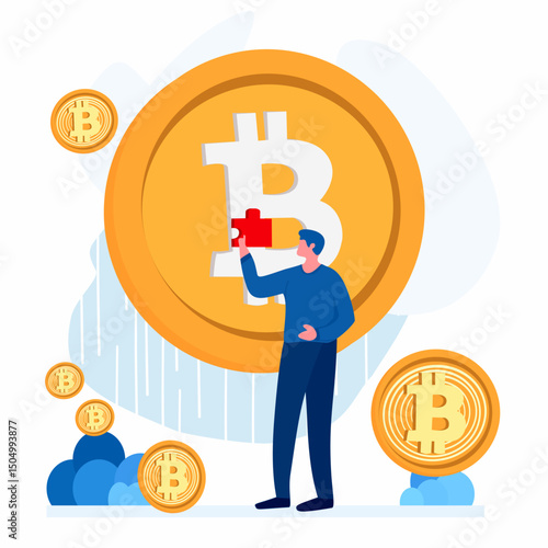 The image includes a male investor, a mobile phone and a Bitcoin digital coin.. The idea of ​​investing in crypto or bitcoin