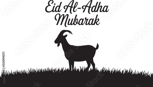 Eid Al-Adha Mubarak with Goat Silhouette on Grassy Landscape