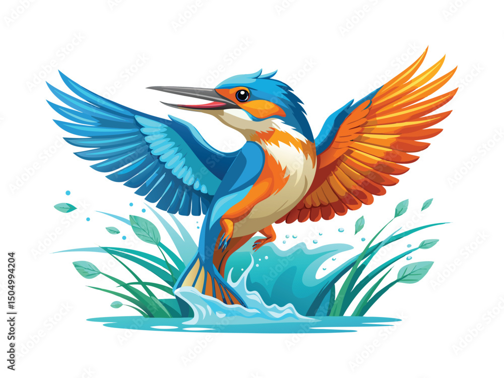 Fototapeta premium Kingfisher bird diving into water isolated on white background 