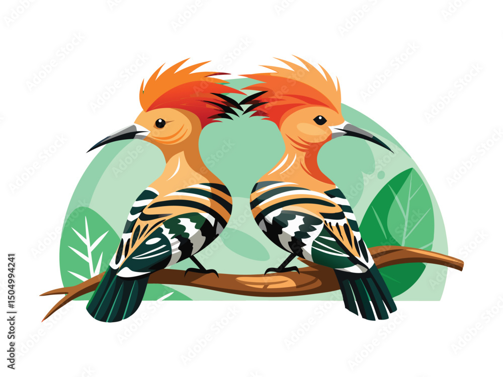 Obraz premium Two hoopoes birds on branch isolated on white background 