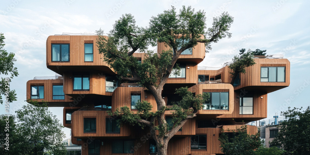 Fototapeta premium Stunning Wooden Architecture with Nature Integration