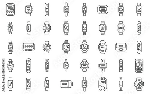 Assorted Fitness Trackers and Smartwatches Displaying Step Counts in Outline Style