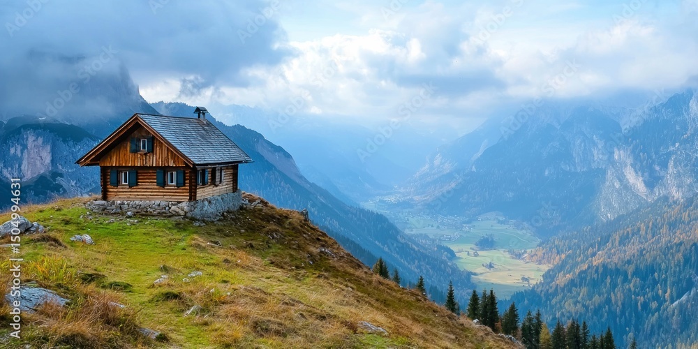 A solitary wooden cabin perched on a mountainside, overlooking a vast valley A solitary wooden cabin perched on a mountainside, overlooking a vast valley