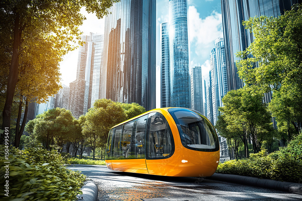 Obraz premium Futuristic orange tram in modern cityscape with tall glass skyscrapers