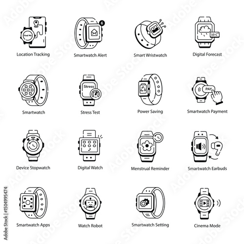 Variety of Smartwatch Features Illustrated in Icons