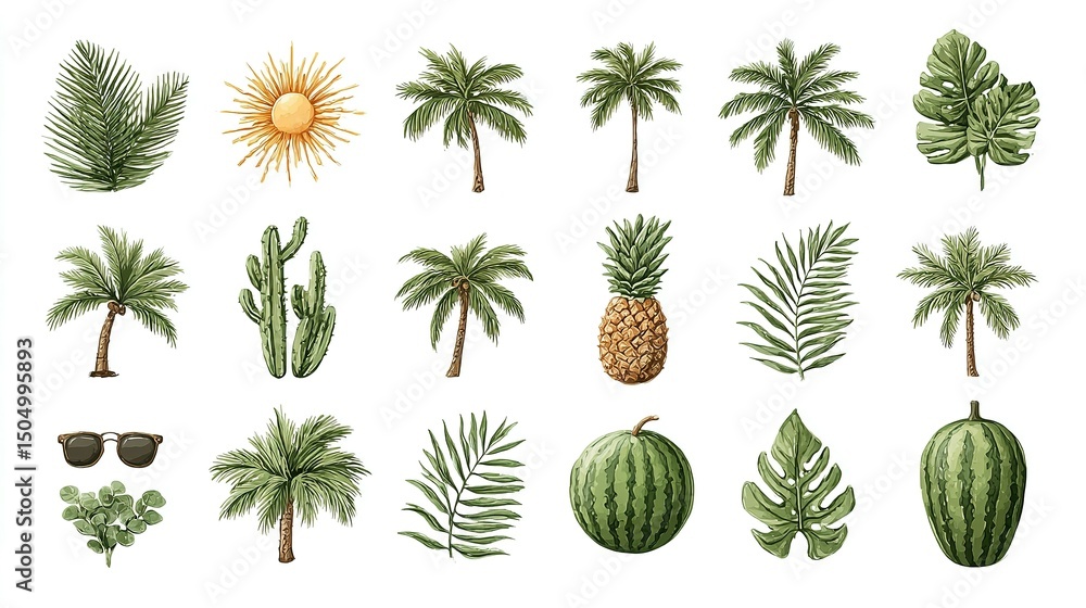 Fototapeta premium Tropical plant and fruit illustrations set.