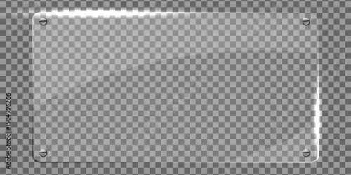 Glass plate on transparent background. Acrylic and glass texture with glares and light. Realistic transparent glass window in rectangle frame.