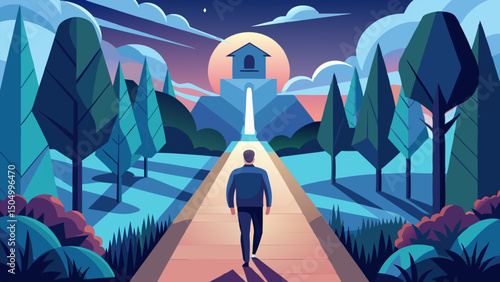 A Man Walks Towards a Mysterious House at Sunset