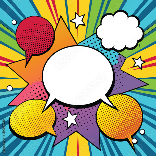 Colorful comic book background.Blank white speech bubbles of different shapes. Rays, radial, halftone, dotted effects. Vector illustration in pop art style
