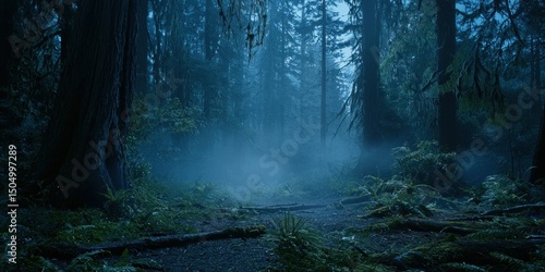 A mystical woodland scene where early morning mist hovers over a quiet forest floor