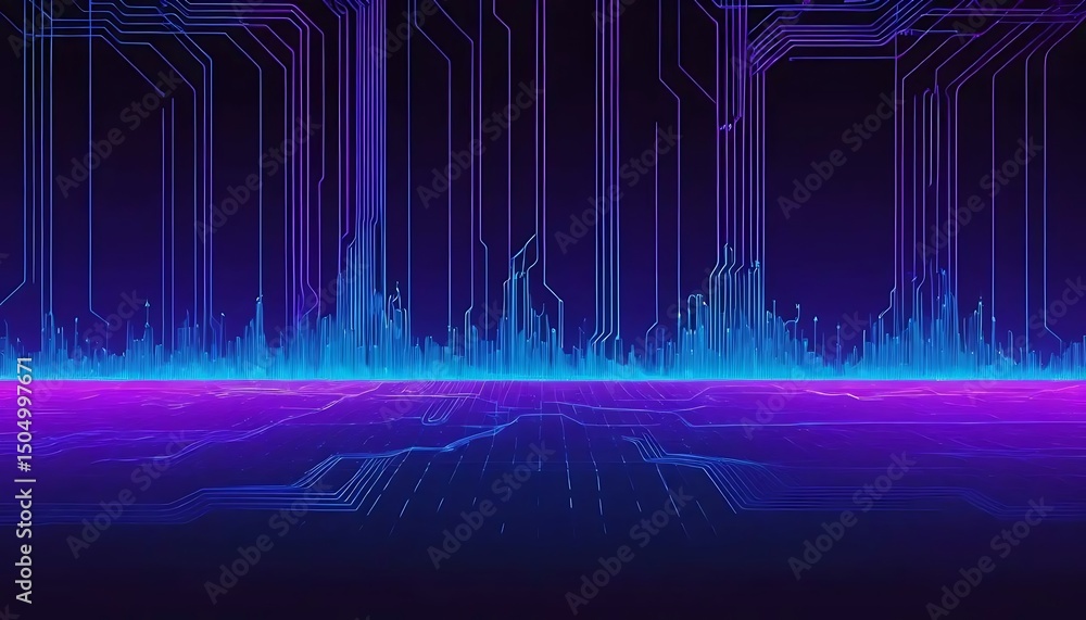 Fototapeta premium Vibrant network lines converge creating a futuristic cityscape skyline with radiant reflections.