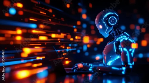 Futuristic ai robot interacting with data network on a glowing laptop interface
