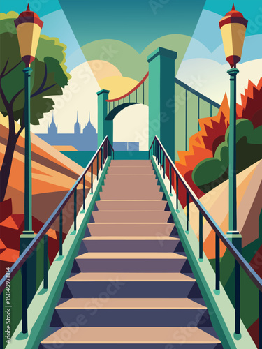 Ascending City. Steps to a Scenic Bridge and Urban Vista