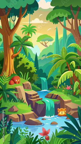 Serene Jungle Paradise. Waterfall. Lush Greenery. and Wildlife