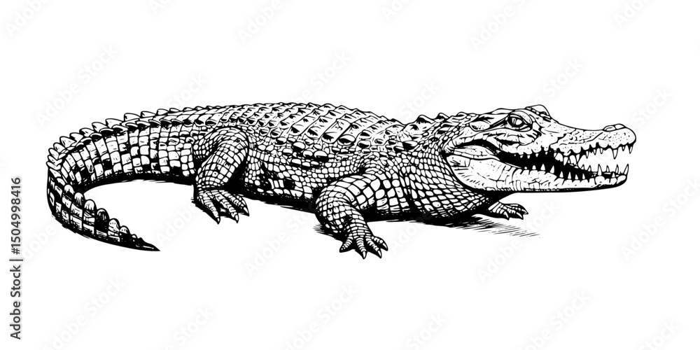 Naklejka premium crocodile engraving, vintage vector line art illustration, isolated on transparent background