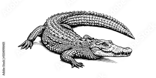 crocodile engraving, vintage vector line art illustration, isolated on transparent background