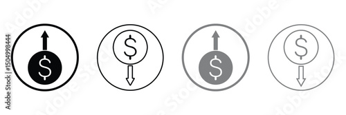 Dollar price up and down icon line style. Dollar coin graph up and down. Money cost arrow growth, decline. Dollar increase and decrease vector icons. Vector Illustration . EPS 20 . 
