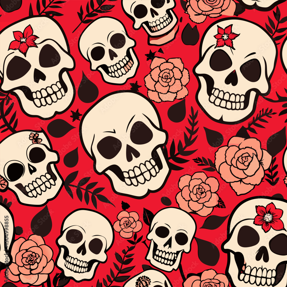 Seamless Skull and Roses Pattern. Red Floral Background Seamless Skull and Roses Pattern. Red Floral Background