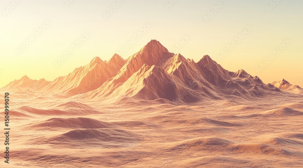 Naklejka premium Golden hour illuminates a majestic, snow-capped mountain range rising from a vast, undulating desert plain