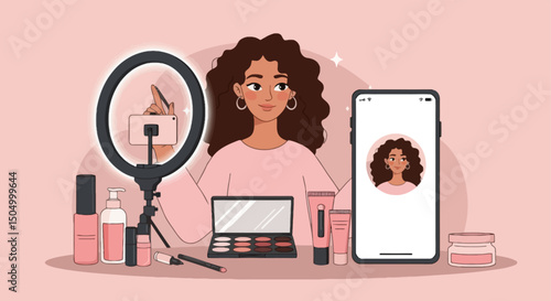 Flat vector of beauty influencer setup with ring light, skincare, makeup palette, and phone, perfect for content creation themes.

